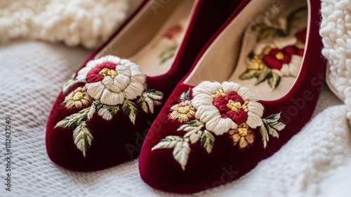 Close-up of the delicate embroidery on a pair of velvet slippers on a white background.