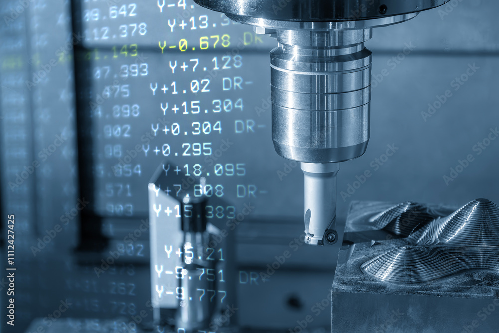 Abstract scene the CNC milling machine rough cutting and G-code data back ground in the light blue scene. Abstract scene the CNC milling machine rough cutting and G-code data back ground in the light blue scene.