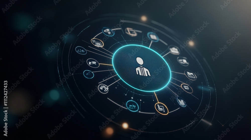 A futuristic holographic pie chart where each section glows with embedded office equipment icons, centered around a rotating person icon that A futuristic holographic pie chart where each section glows with embedded office equipment icons, centered around a rotating person icon that
