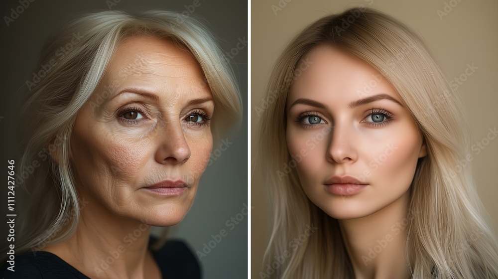Aging contrast: portraits highlighting age and beauty transformations Aging contrast: portraits highlighting age and beauty transformations