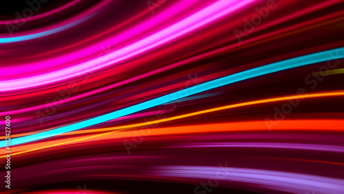  Dynamic horizontal blur with neon colors like pink, cyan, and yellow on a black backdrop