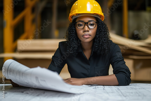 Professional young African American woman contractor working with blueprints at construction site photo