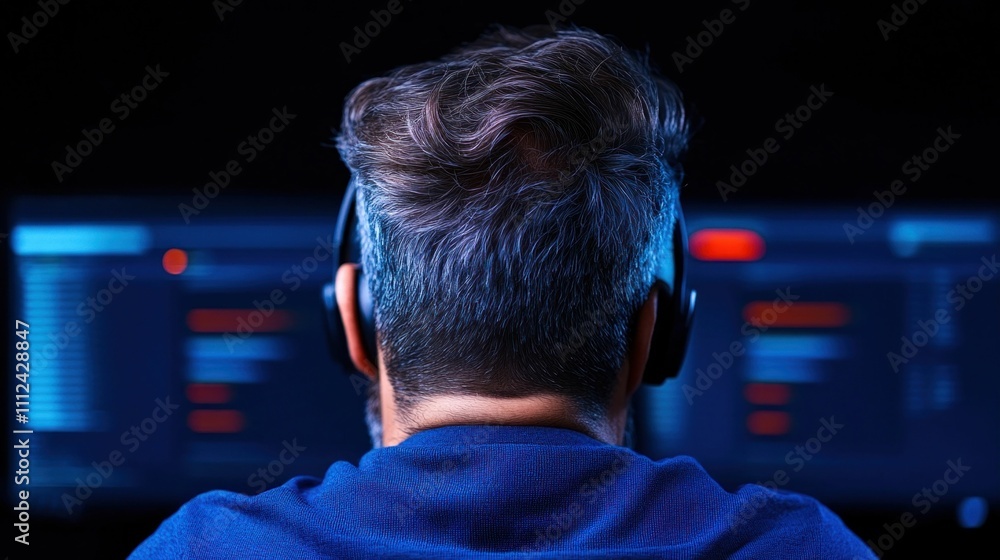 Man Working on Computer in Dark Environment Man Working on Computer in Dark Environment