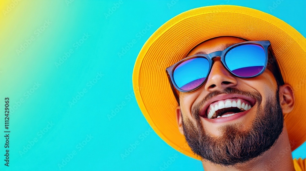 Happy Man Laughing in Summer Hat with Blue Background Happy Man Laughing in Summer Hat with Blue Background