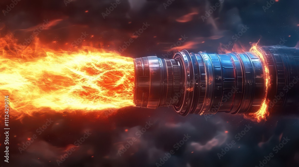 Fiery Propulsion Flame Ejecting from Rocket Engine in Cosmic Background with Dynamic Energy and Vivid Colors Creating a Stunning Visual Display of Power and Technology Fiery Propulsion Flame Ejecting from Rocket Engine in Cosmic Background with Dynamic Energy and Vivid Colors Creating a Stunning Visual Display of Power and Technology