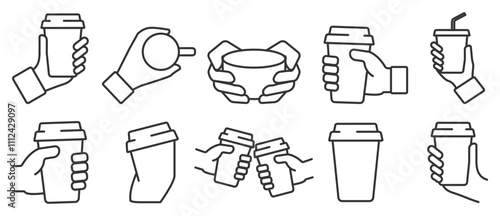 Hand holding paper cup with drink line icon set. A hand is holding a coffee cup icon set. Vector illustration of a hand holding a mug of coffee to takeaway in transparent background. Editable stroke