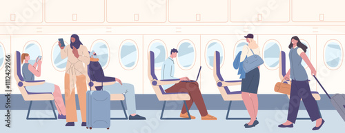 Passengers boarding plane. Travelers on aircraft board, people with suitcases and bags, sitting with laptops, sleeping. Flight vacations, vector scene