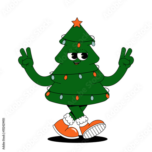 Merry Christmas sticker and pack. Playful and funky character christmas tree in trendy groovy style. Retro element on white background. Vector illustration