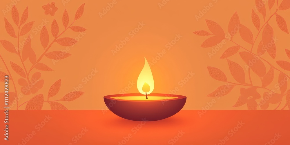 Minimalistic diya illustration glowing on a flat orange surface, surrounded by subtle floral accents in clean lines. Minimalistic diya illustration glowing on a flat orange surface, surrounded by subtle floral accents in clean lines.