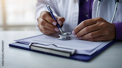 Doctor Filling Out Patient Medical Forms with Pen