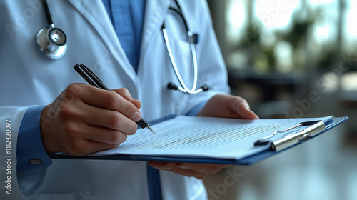 Doctor Filling Out Patient Medical Forms with Pen