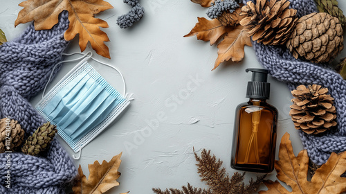 Autumn-Themed Composition with Face Mask, Pump Bottle, and Pinecones