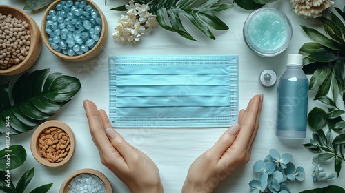 Face Mask Surrounded by Natural Elements and Hygiene Products