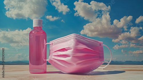 Pink Face Mask and Bottle Against Blue Sky with Clouds