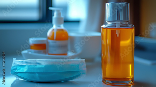 Face Mask and Orange Gel Bottle in a Bright Interior Setting