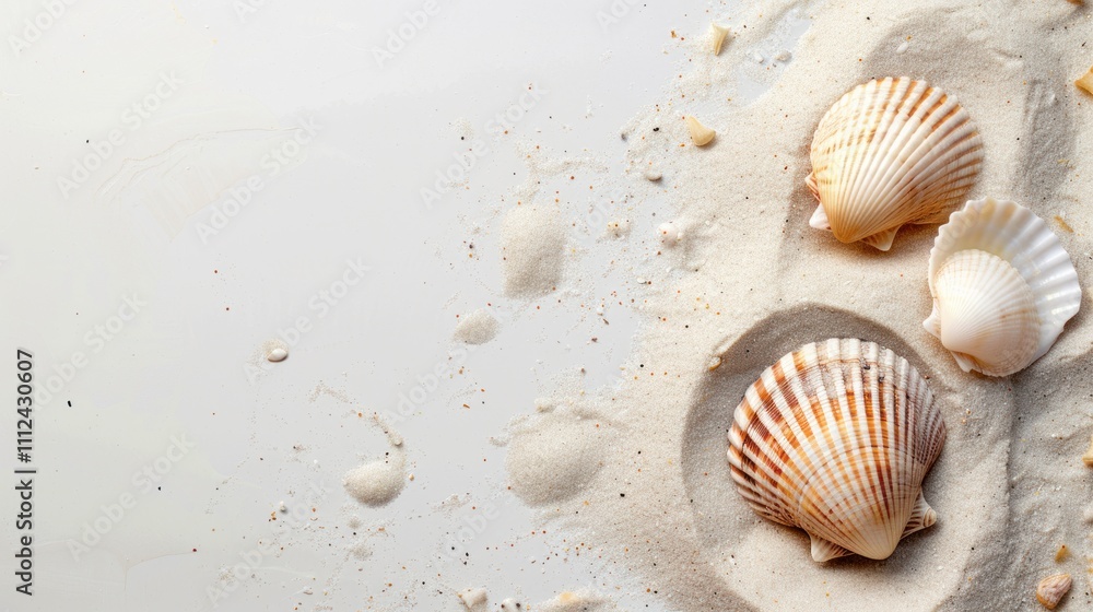 Photo of two shells in the sand against a white background, taken from an overhead view. Photo of two shells in the sand against a white background, taken from an overhead view.