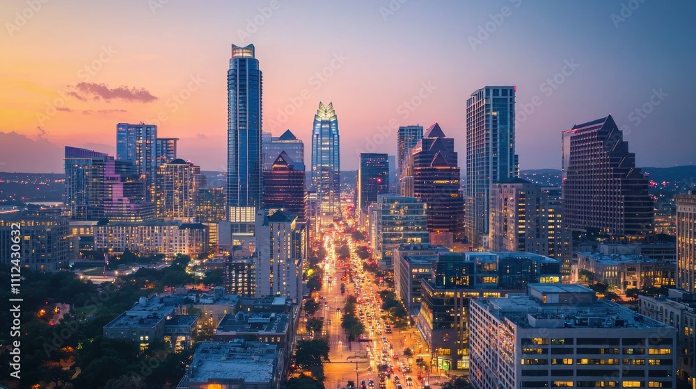 Obraz premium A panoramic view of a bustling downtown city skyline during sunset with skyscrapers and busy streets.