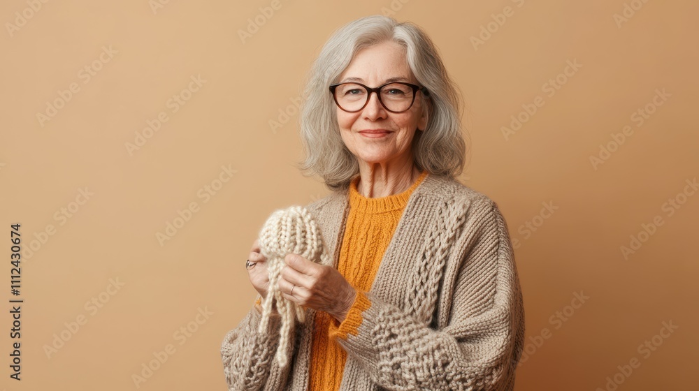 Knitting serenity older woman engages in crafting at a cozy home environment Knitting serenity older woman engages in crafting at a cozy home environment