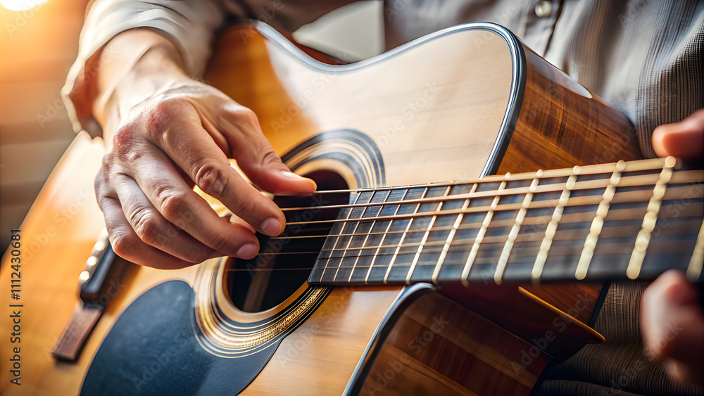 Fototapeta premium Fingers Plucking Acoustic Guitar Strings in Natural Light. Perfect for: Music festivals, campfires