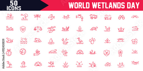 World Wetlands Day Editable Stroke Outline Icons, Postcard or Banner with Map Cut Out in Paper, Reeds Branches Design, Reminding Inscription, Vector Illustration.