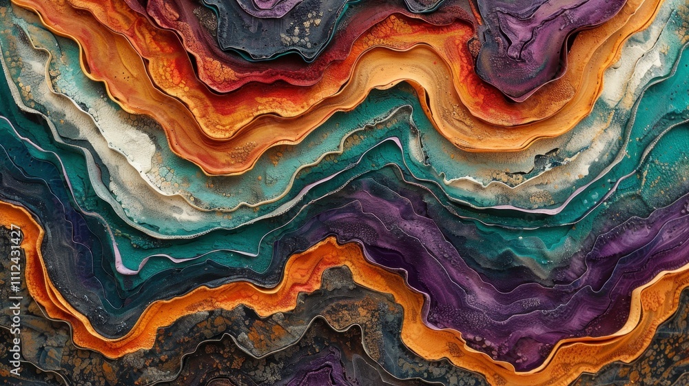 Obraz premium An abstract clay pattern with colorful, marbled streaks of orange, teal, and purple, forming a unique flowing background
