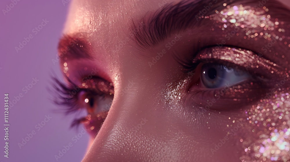 Close up of a woman eye with a glamorous glittery eyeshadow look on a solid maroon background, radiating happiness. Close up of a woman eye with a glamorous glittery eyeshadow look on a solid maroon background, radiating happiness.