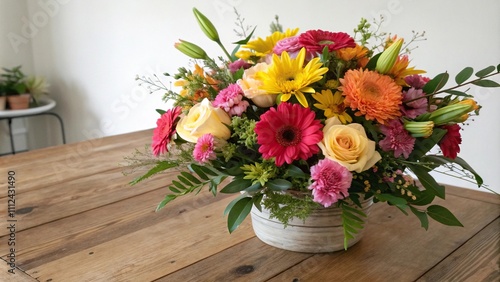 Wallpaper Mural Colorful floral arrangement on a wooden table, flowers, earthy, vintage, organic, plant Torontodigital.ca