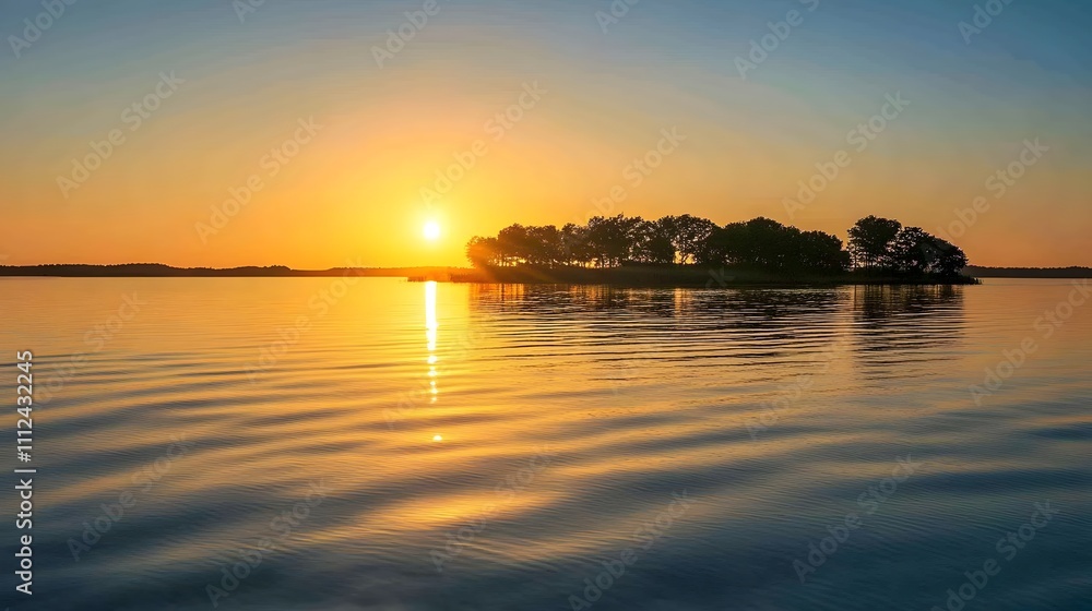 Naklejka premium Serene Sunset Over Calm Water with Reflection of Trees and Sky, Peaceful Natural Landscape for Relaxation and Inspiration in Nature Photography