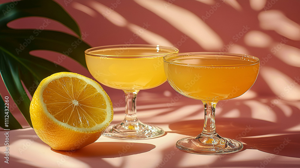 Two elegant cocktail glasses filled with a vibrant yellow drink sit beside a halved lemon, casting playful shadows against a pink backdrop. Two elegant cocktail glasses filled with a vibrant yellow drink sit beside a halved lemon, casting playful shadows against a pink backdrop.