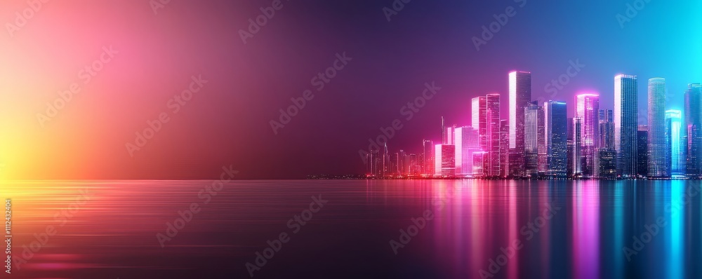 Fototapeta premium A vibrant city skyline illuminated by colorful lights reflects in a calm body of water under a twilight sky.