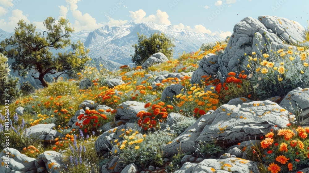 Obraz premium Breathtaking scenic landscape with a vibrant display of colorful wildflowers and lush foliage set against the backdrop of a majestic mountain range in a peaceful and tranquil outdoor environment