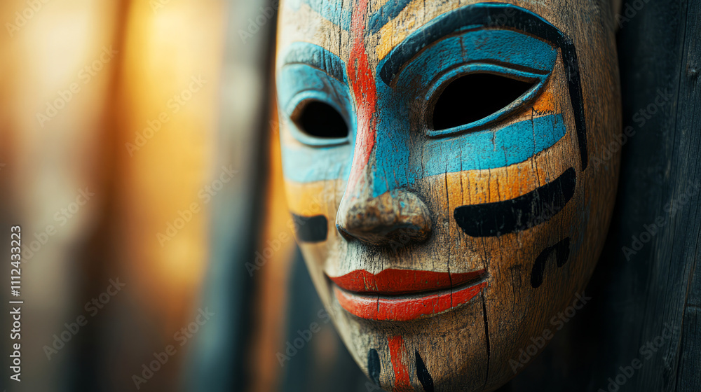 Colorful Wooden Mask with Intricate Design Hangs on a Rustic Background in Soft Light Colorful Wooden Mask with Intricate Design Hangs on a Rustic Background in Soft Light