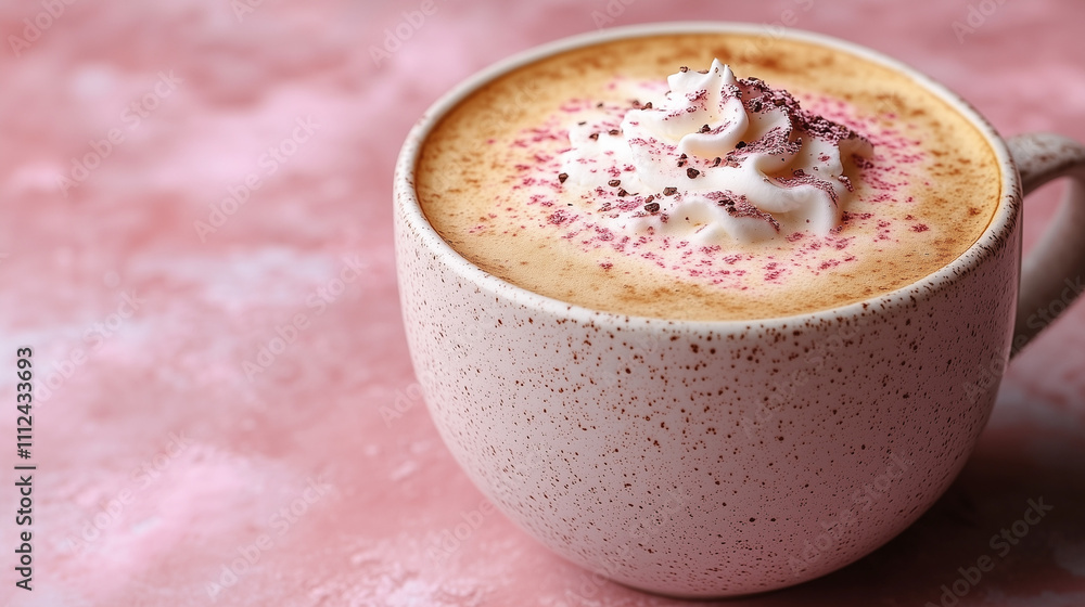 Creamy Coffee with Whipped Cream in a Pink Setting Creamy Coffee with Whipped Cream in a Pink Setting