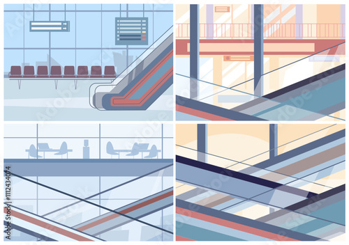 Public spaces interiors. Shopping mall, office building, airport or railway station, bus terminal. Urban places with escalators, moving ladders, vector set