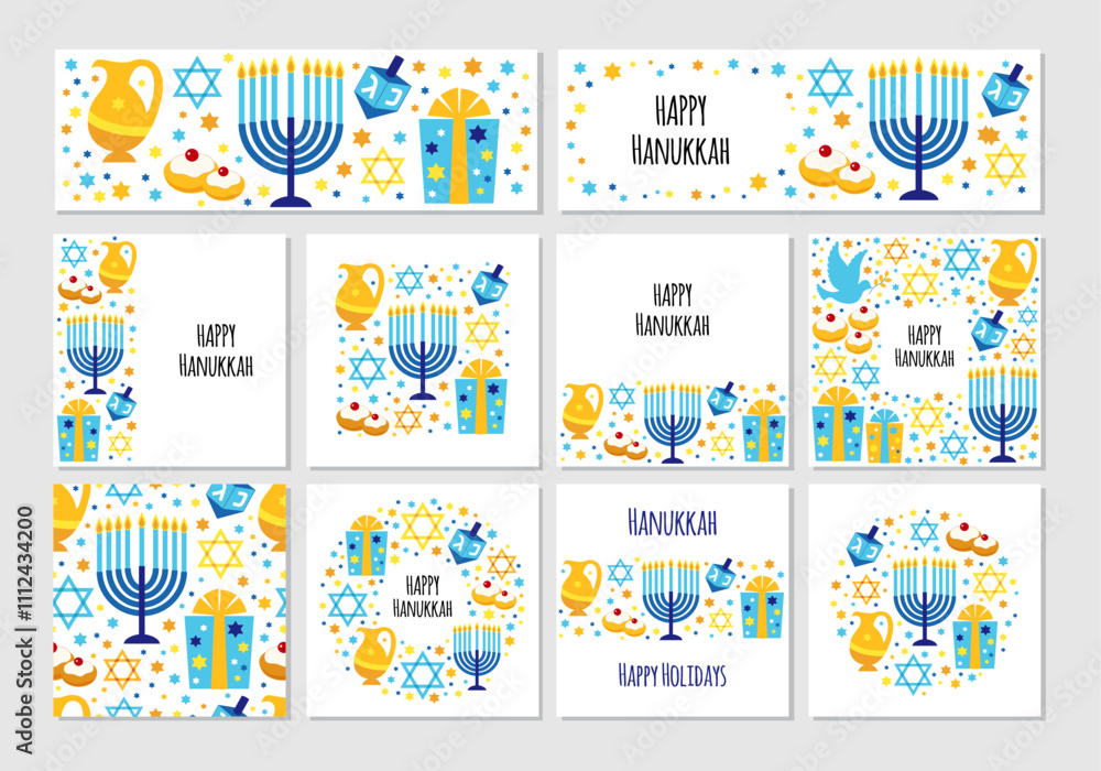 Cute set of Happy Hanukkah, Festival of Lights backgrounds in flat style Cute set of Happy Hanukkah, Festival of Lights backgrounds in flat style