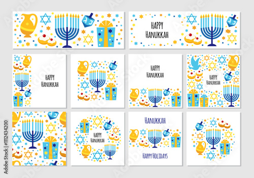 Cute set of Happy Hanukkah, Festival of Lights backgrounds in flat style