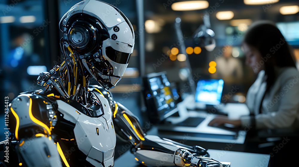 Fototapeta premium A robot is sitting at a desk with a woman in a white shirt