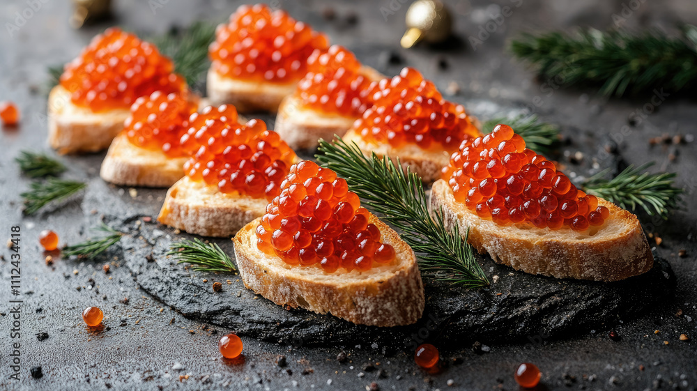bruschetta with red salmon caviar on a festive table, dinner, New Year, Xmas, tasty treat, gourmet food, snacks, seafood, meal bruschetta with red salmon caviar on a festive table, dinner, New Year, Xmas, tasty treat, gourmet food, snacks, seafood, meal