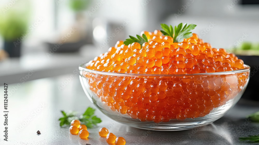 red salmon caviar in glass bowl on table against stylish white kitchen background, seafood, tasty healthy food, omega 3, festive meal, horizontal photo red salmon caviar in glass bowl on table against stylish white kitchen background, seafood, tasty healthy food, omega 3, festive meal, horizontal photo