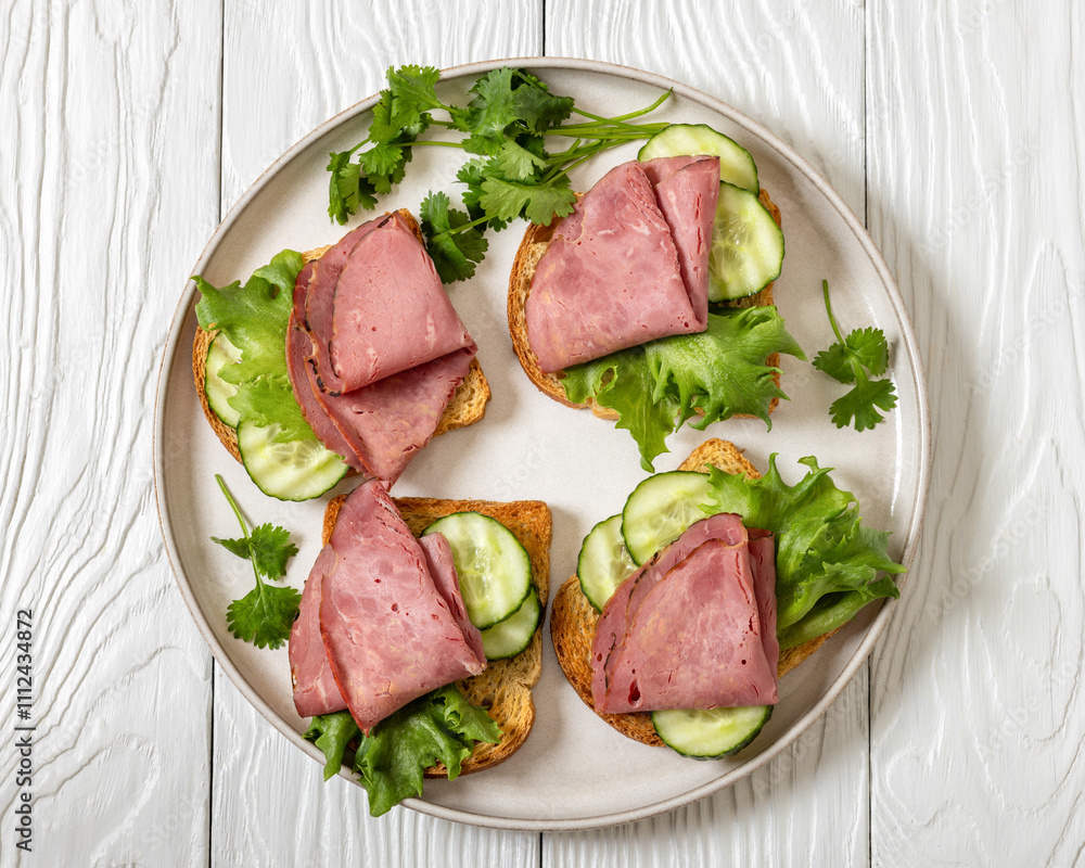 toast with corned beef and veggies, top view toast with corned beef and veggies, top view