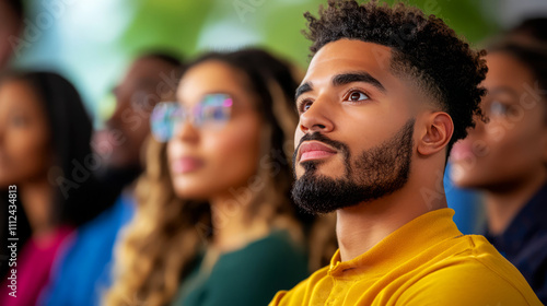 Focused Young Man Attending Inspirational Seminar with Diverse Audience in Background