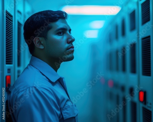 Fire alarm smoke trigger concept. A man stands contemplatively in a dimly lit, blue-toned corridor lined with lockers.