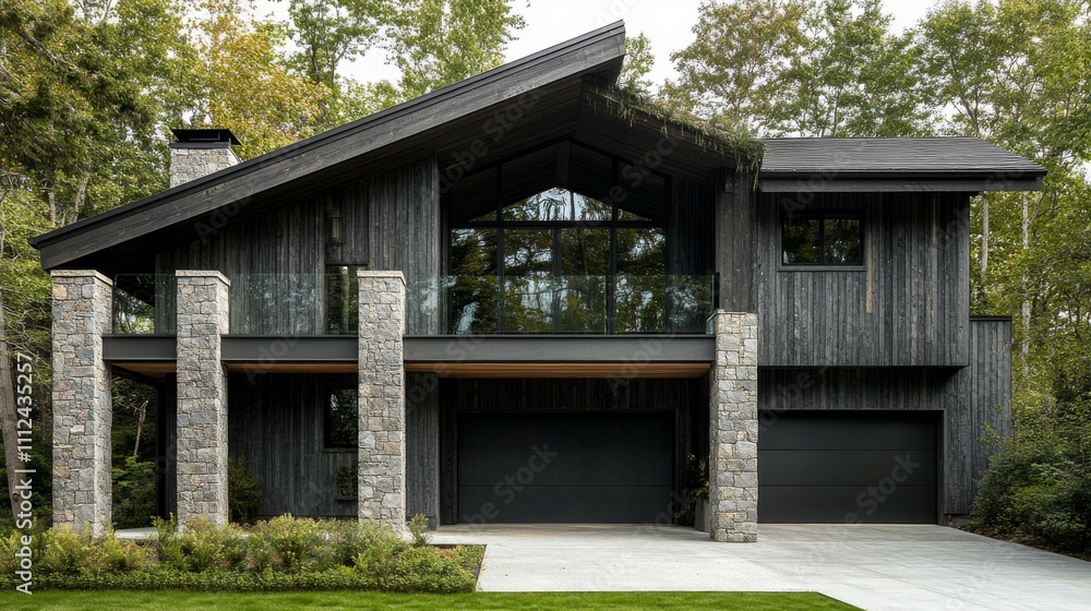 New construction home exterior with contemporary house plan features gray wood siding, stone columns and two garage spaces. Northwest, USA New construction home exterior with contemporary house plan features gray wood siding, stone columns and two garage spaces. Northwest, USA