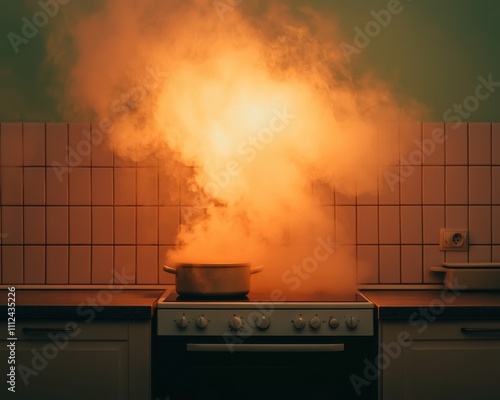 Fire alarm smoke trigger concept. Smoke billows from a pot on a stove, creating a dramatic kitchen scene.