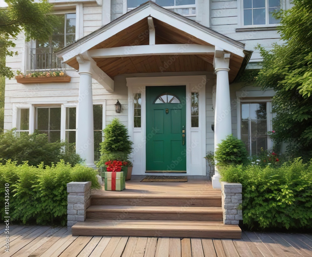 A beautifully wrapped present rests on a wooden porch alongside a vibrant green shrubbery and a classic house entrance, decoration, greenery A beautifully wrapped present rests on a wooden porch alongside a vibrant green shrubbery and a classic house entrance, decoration, greenery