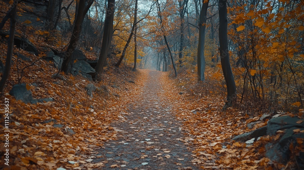 Obraz premium A serene forest path covered in autumn leaves, surrounded by trees, creating a peaceful and picturesque outdoor scene.