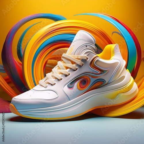 Product shot of a white sneaker, yellow background with 3D colorful swirl behind