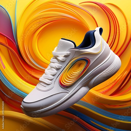 Product shot of a white sneaker, yellow background with 3D colorful swirl behind