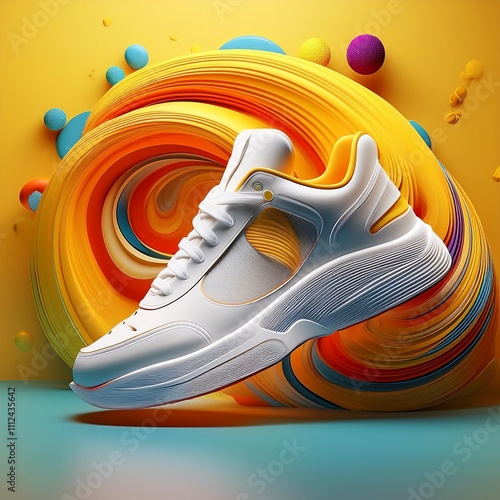 Product shot of a white sneaker, yellow background with 3D colorful swirl behind