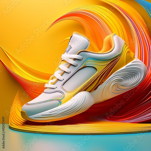 Product shot of a white sneaker, yellow background with 3D colorful swirl behind